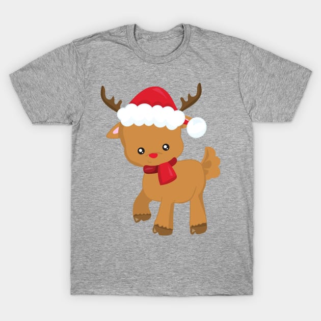 Christmas Reindeer, Red Nose, Santa Hat, New Year T-Shirt by Jelena Dunčević